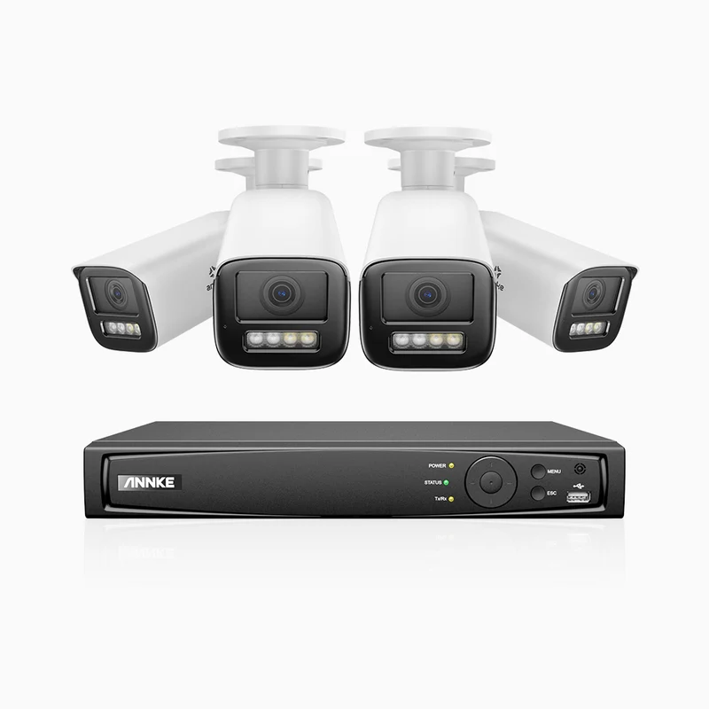 HZ804 - 4K 4 Channel 4 Cameras PoE Security System, 4X Optical Zoom, 2.8 - 12 MM Motorized Varifocal Lens, Smart Dual Light Night Vision, Motion Detection 2.0, Built-in Microphone, Siren & Strobe Alarm, Upgraded Version