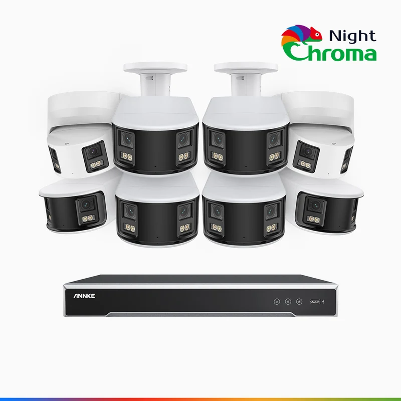 NightChroma TM NDK800 – 4K 16 Channel Panoramic Dual Lens PoE Security System with 6 Bullet & 2 Turret Cameras, f/1.0 Super Aperture, Acme Color Night Vision, Active Siren and Strobe, Human & Vehicle Detection, Built-in Mic ,Two-Way Audio