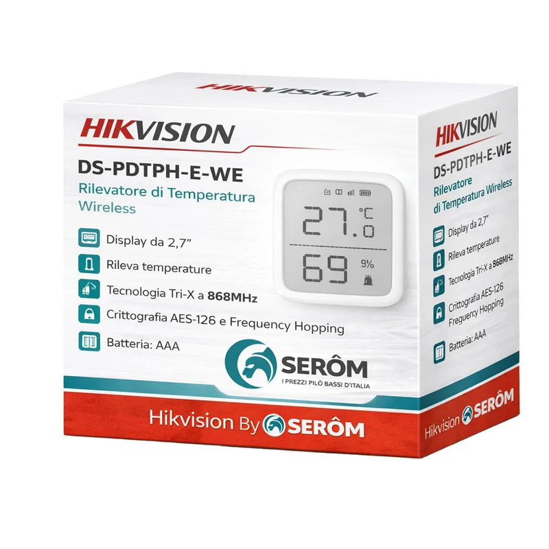 DS-PDTPH-E-WE - Rilevatore Temperatura Wireless con Display 2,7", App Remota e Sonda Esterna - Hikvision