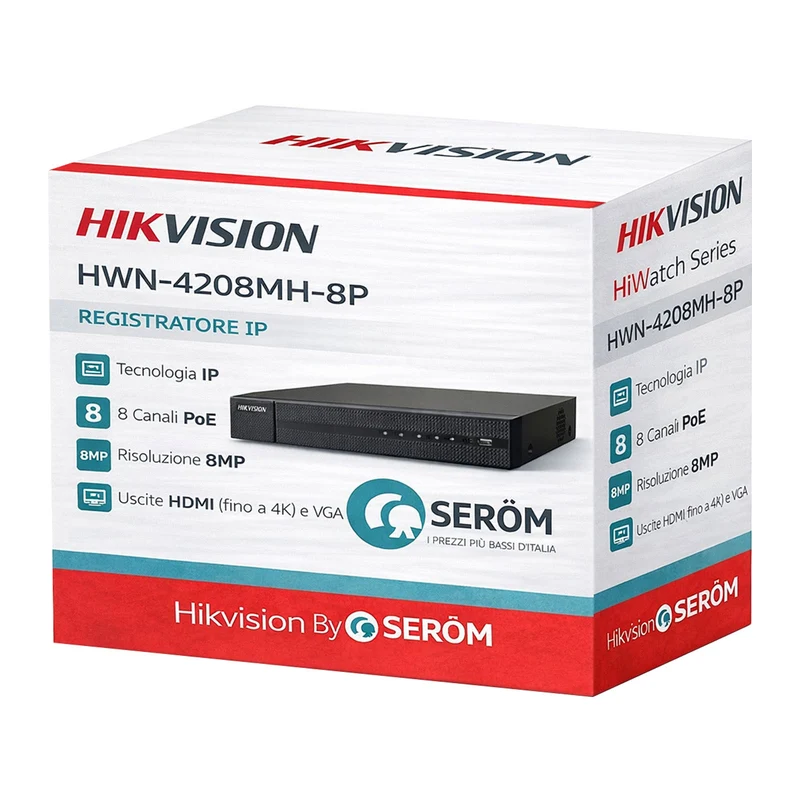 HWN-4208MH-8P - NVR 8 canali PoE IP 8MP larghezza banda 80 Mbps 2 HDD da 8TB serie HiWatch - Hikvision