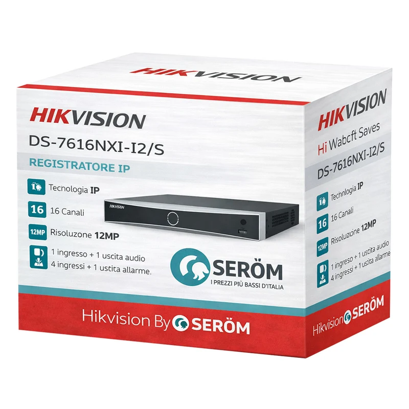DS-7616NXI-I2/S NVR 16 Canali 12MP 4K 256Mbps H.265+ 2 SATA 10TB HDMI 4K Hik-Connect - Hikvision