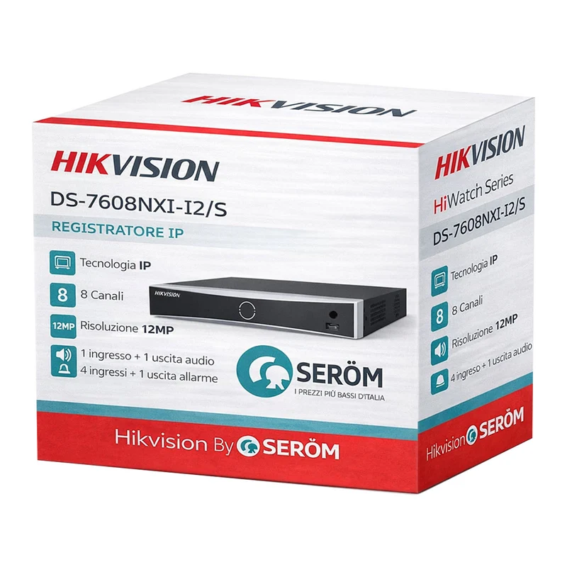 DS-7608NXI-I2/S NVR 8 Canali 12MP 4K 256Mbps H.265+ 2 SATA 10TB HDMI 4K Hik-Connect - Hikvision