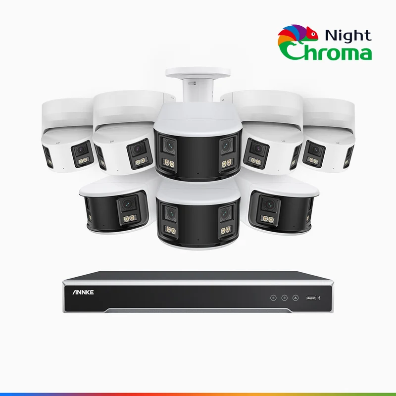 NightChroma TM NDK800 – 4K 16 Channel Panoramic Dual Lens PoE Security System with 4 Bullet & 4 Turret Cameras, f/1.0 Super Aperture, Acme Color Night Vision, Active Siren and Strobe, Human & Vehicle Detection, Built-in Mic ,Two-Way Audio