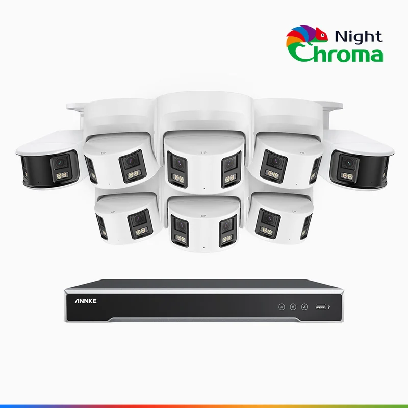 NightChroma TM NDK800 – 4K 16 Channel Panoramic Dual Lens PoE Security System with 2 Bullet & 6 Turret Cameras, f/1.0 Super Aperture, Acme Color Night Vision, Active Siren and Strobe, Human & Vehicle Detection, Built-in Mic ,Two-Way Audio