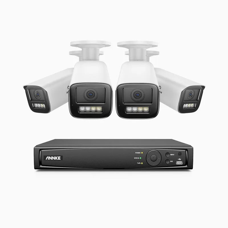 HZ804 - 4K 8 Channel 4 Cameras PoE Security System, 4X Optical Zoom, 2.8 - 12 MM Motorized Varifocal Lens, Smart Dual Light Night Vision, Motion Detection 2.0, Built-in Microphone, Siren & Strobe Alarm, Upgraded Version