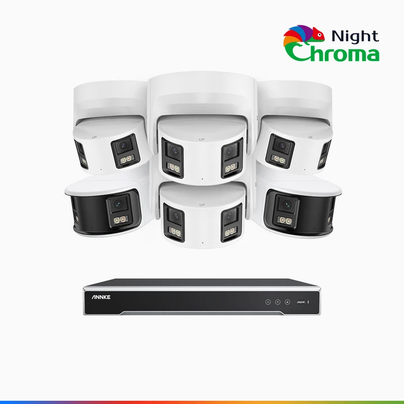 NightChroma TM NDK800 – 4K 8 Channel Panoramic Dual Lens PoE Security System with 2 Bullet & 4 Turret Cameras, f/1.0 Super Aperture, Acme Color Night Vision, Active Siren and Strobe, Human & Vehicle Detection, Built-in Mic ,Two-Way Audio