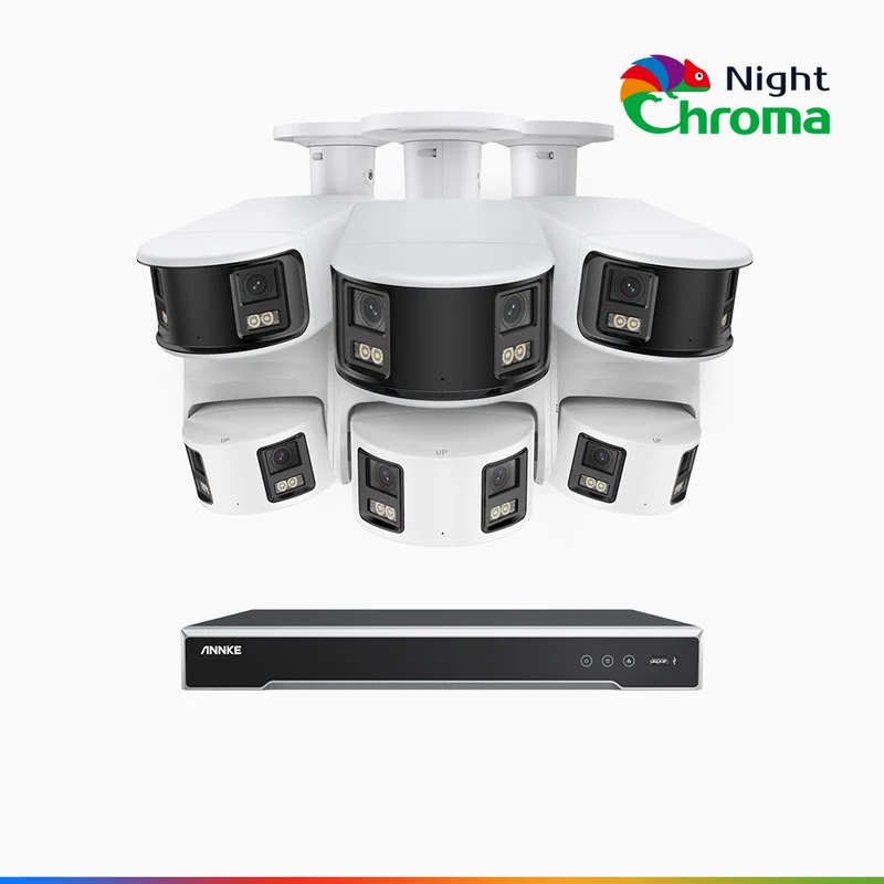 NightChroma TM NDK800 – 4K 8 Channel Panoramic Dual Lens PoE Security System, 3 Bullet & 3 Turret Cameras, f/1.0 Super Aperture, Acme Color Night Vision, Active Siren and Strobe, Human & Vehicle Detection, Built-in Mic ,Two-Way Audio