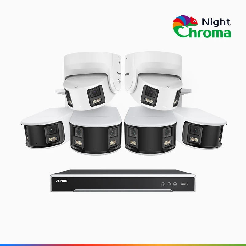NightChroma TM NDK800 – 4K 8 Channel Panoramic Dual Lens PoE Security System with 4 Bullet & 2 Turret Cameras, f/1.0 Super Aperture, Acme Color Night Vision, Active Siren and Strobe, Human & Vehicle Detection, Built-in Mic ,Two-Way Audio