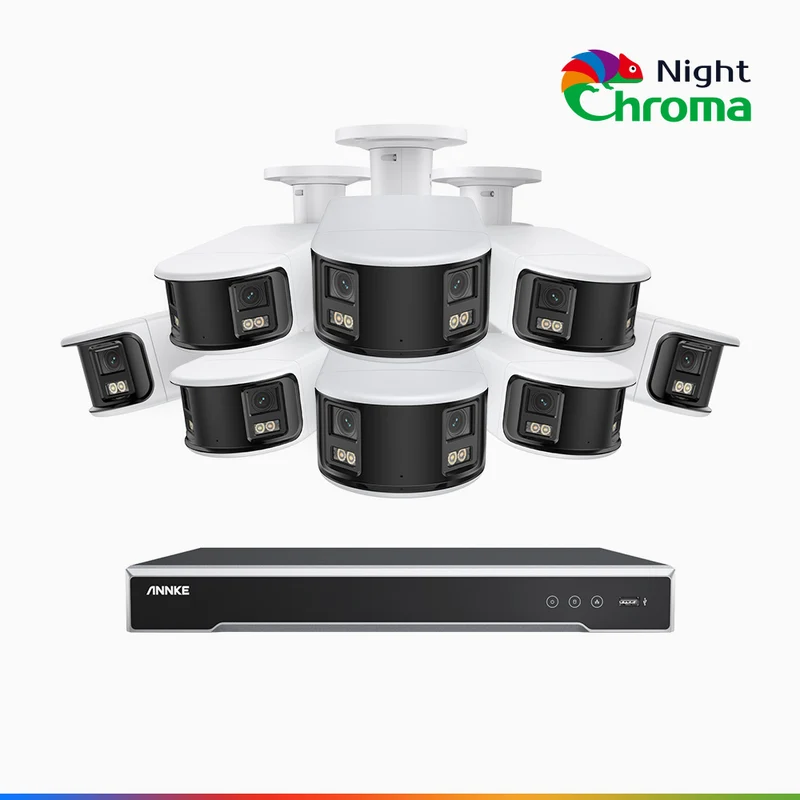 NightChroma TM NDK800 – 4K 8 Channel 8 Panoramic Dual Lens Camera PoE Security System, f/1.0 Super Aperture, Acme Color Night Vision, Active Siren and Strobe, Human & Vehicle Detection, 2CH 4K Decoding Capability, Built-in Mic ,Two-Way Audio