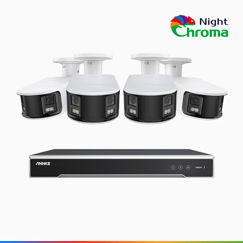 NightChroma TM NDK800 – 4K 8 Channel 4 Panoramic Dual Lens Cameras PoE Security System, f/1.0 Super Aperture, Acme Color Night Vision, Active Siren and Strobe, Human & Vehicle Detection, 2CH 4K Decoding Capability, Built-in Mic ,Two-Way Audio
