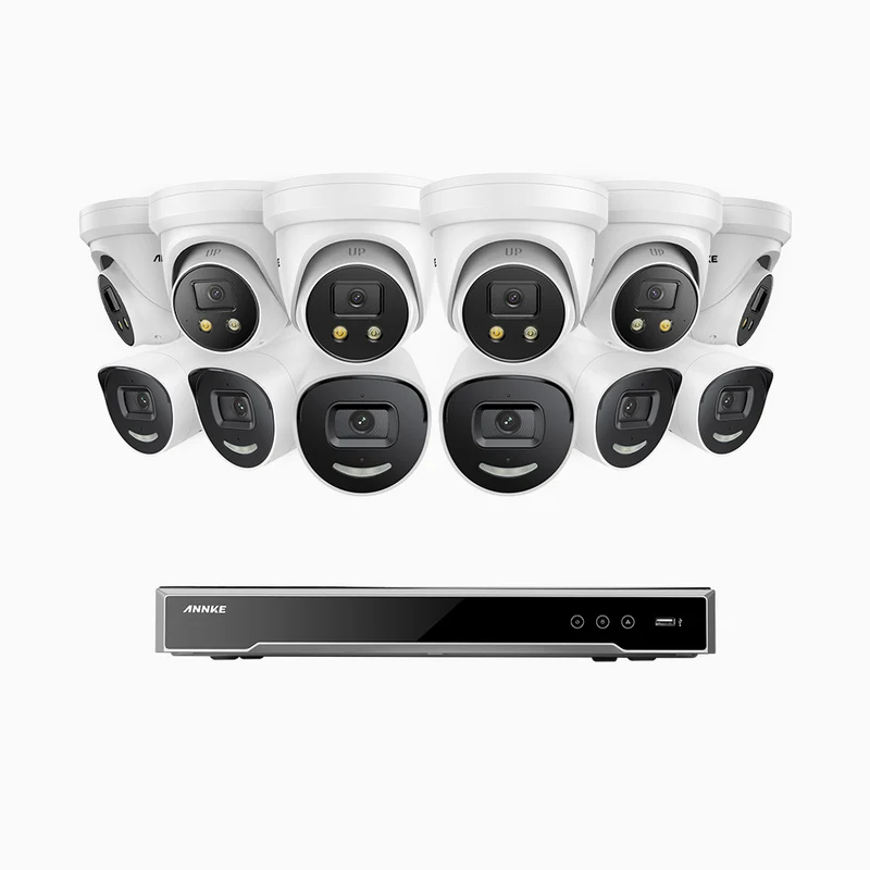 H800X - 4K 16 Channel PoE Security System with 6 Bullet & 6 Turret Cameras, 1/1.8'' BSI Sensor, f/1.6 Aperture (0.003 Lux), Siren & Strobe Alarm,Two-Way Audio, Human & Vehicle Detection, Perimeter Protection, All-Metal Housing