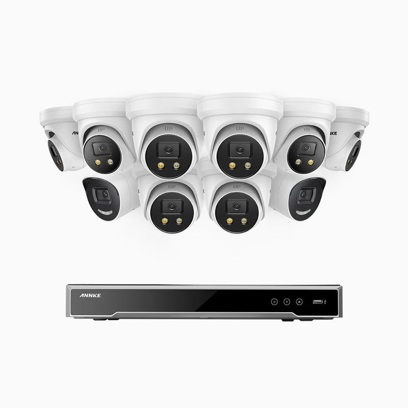 H800X - 4K 16 Channel PoE Security System with 2 Bullet & 8 Turret Cameras, 1/1.8'' BSI Sensor, f/1.6 Aperture (0.003 Lux), Siren & Strobe Alarm,Two-Way Audio, Human & Vehicle Detection, Perimeter Protection, All-Metal Housing