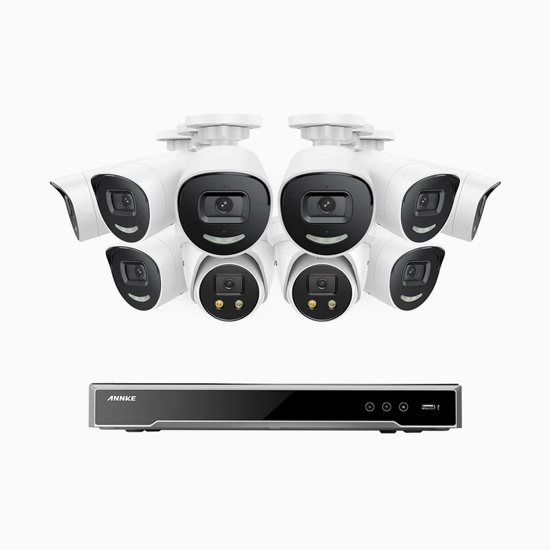H800X - 4K 16 Channel PoE Security System with 8 Bullet & 2 Turret Cameras, 1/1.8'' BSI Sensor, f/1.6 Aperture (0.003 Lux), Siren & Strobe Alarm,Two-Way Audio, Human & Vehicle Detection, Perimeter Protection, All-Metal Housing