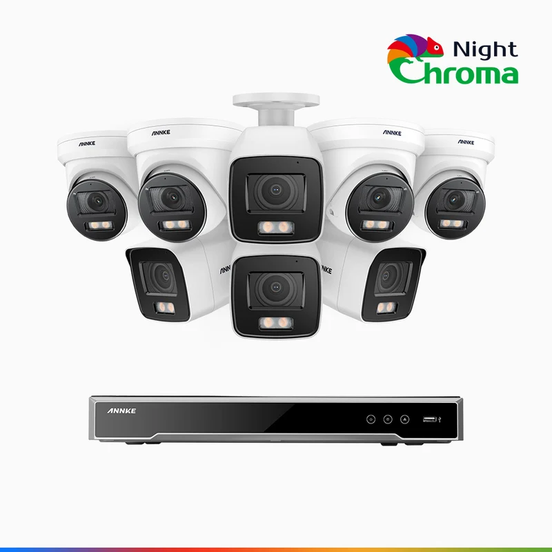 NightChroma TM NCK800 – 4K 8 Channel PoE Security System with 4 Bullet & 4 Turret Cameras, f/1.0 Super Aperture, Color Night Vision, 2CH 4K Decoding Capability, Human & Vehicle Detection, Intelligent Behavior Analysis, Built-in Mic, 124° FoV