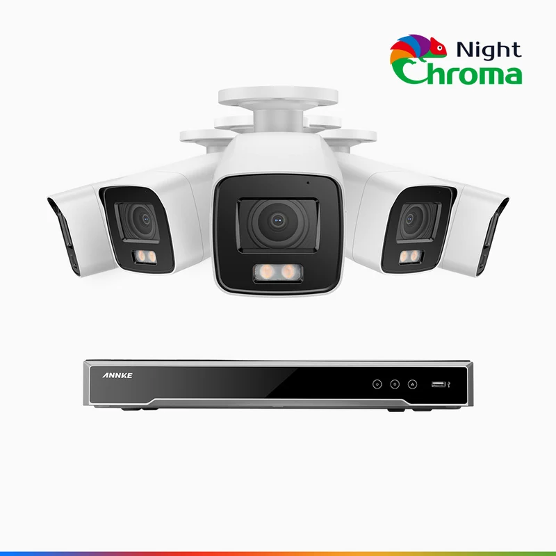 NightChroma TM NCK800 – 4K 8 Channel 5 Cameras PoE Security System, f/1.0 Super Aperture, Color Night Vision, 2CH 4K Decoding Capability, Human & Vehicle Detection, Intelligent Behavior Analysis, Built-in Mic, 124° FoV , All-Metal Housing