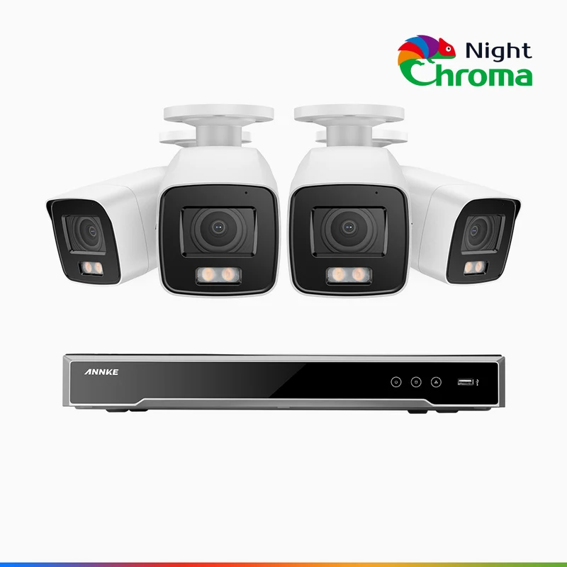 NightChroma TM NCK800 – 4K 8 Channel 4 Cameras PoE Security System, f/1.0 Super Aperture, Color Night Vision, 2CH 4K Decoding Capability, Human & Vehicle Detection, Intelligent Behavior Analysis, Built-in Mic, 124° FoV, All-Metal Housing