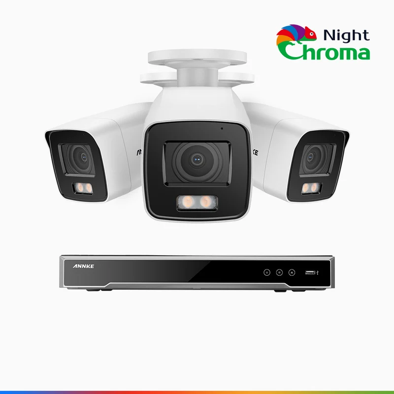 NightChroma TM NCK800 – 4K 8 Channel 3 Cameras PoE Security System, f/1.0 Super Aperture, Color Night Vision, 2CH 4K Decoding Capability, Human & Vehicle Detection, Intelligent Behavior Analysis, Built-in Mic, 124° FoV, All-Metal Housing