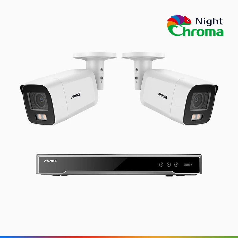 NightChroma TM NCK800 – 4K 8 Channel 2 Cameras PoE Security System, f/1.0 Super Aperture, Color Night Vision, 2CH 4K Decoding Capability, Human & Vehicle Detection, Intelligent Behavior Analysis, Built-in Mic, 124° FoV, All-Metal Housing