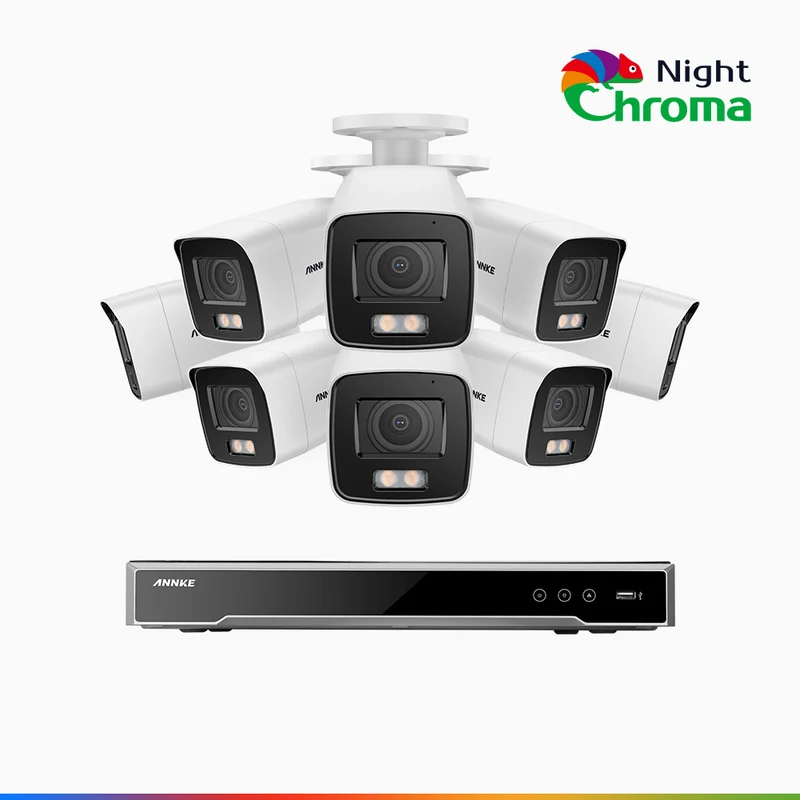 NightChroma TM NCK800 – 4K 16 Channel 8 Cameras PoE Security System, f/1.0 Super Aperture, Color Night Vision, 2CH 4K Decoding Capability, Human & Vehicle Detection, Intelligent Behavior Analysis, Built-in Mic, 124° FoV, All-Metal Housing