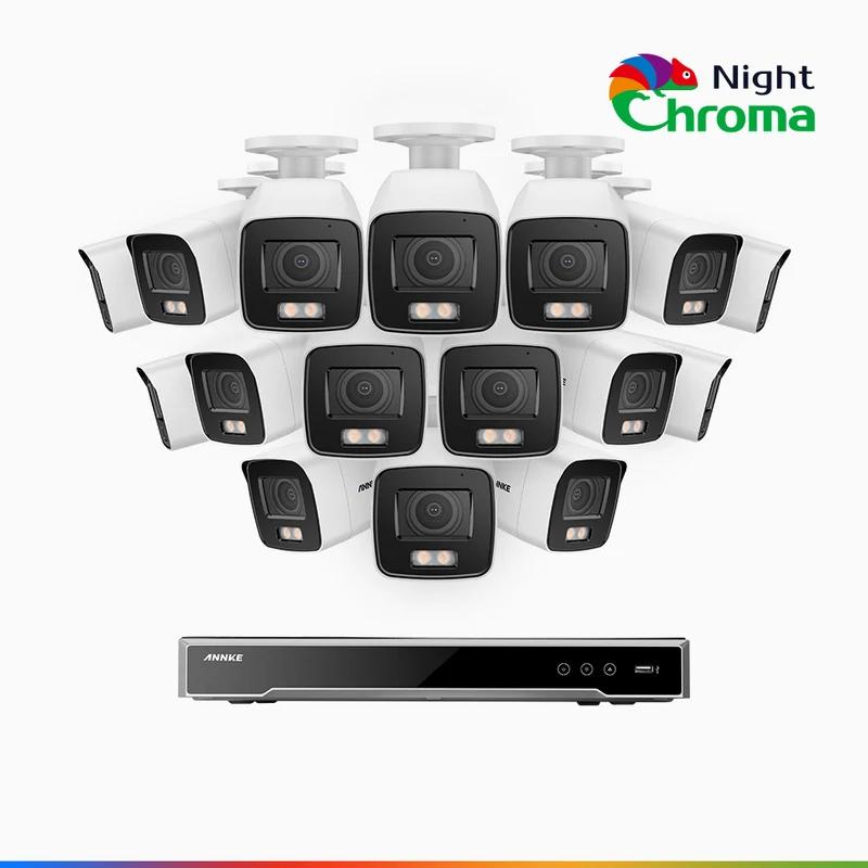 NightChroma TM NCK800 – 4K 16 Channel 16 Cameras PoE Security System, f/1.0 Super Aperture, Color Night Vision, 2CH 4K Decoding Capability, Human & Vehicle Detection, Intelligent Behavior Analysis, Built-in Mic, 124° FoV, All-Metal Housing