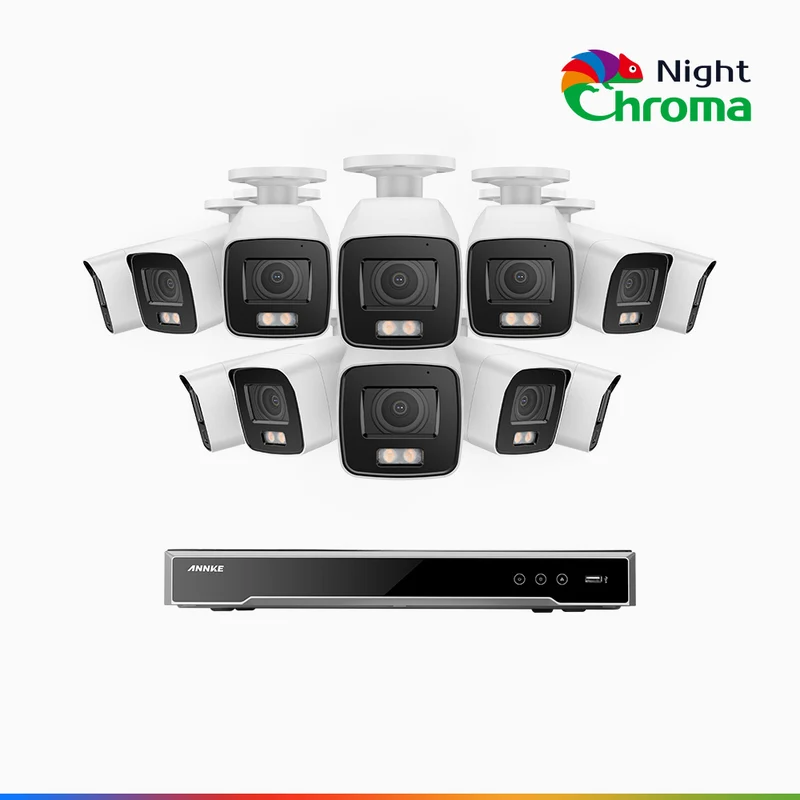 NightChroma TM NCK800 – 4K 16 Channel 12 Cameras PoE Security System, f/1.0 Super Aperture, Color Night Vision, 2CH 4K Decoding Capability, Human & Vehicle Detection, Intelligent Behavior Analysis, Built-in Mic, 124° FoV, All-Metal Housing