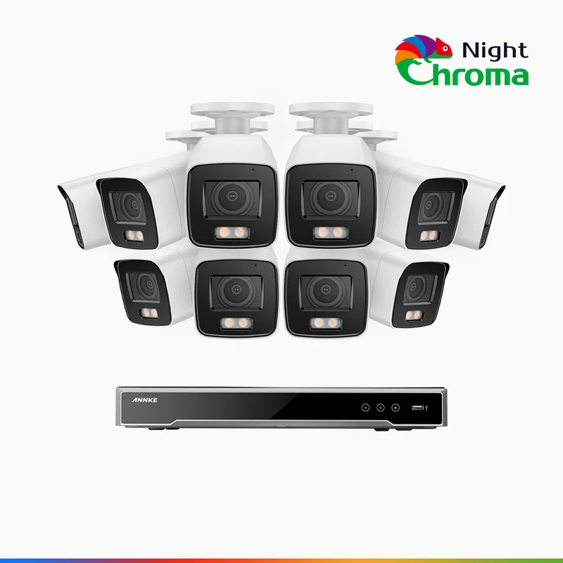 NightChroma TM NCK800 – 4K 16 Channel 10 Cameras PoE Security System, f/1.0 Super Aperture, Color Night Vision, 2CH 4K Decoding Capability, Human & Vehicle Detection, Intelligent Behavior Analysis, Built-in Mic, 124° FoV, All-Metal Housing