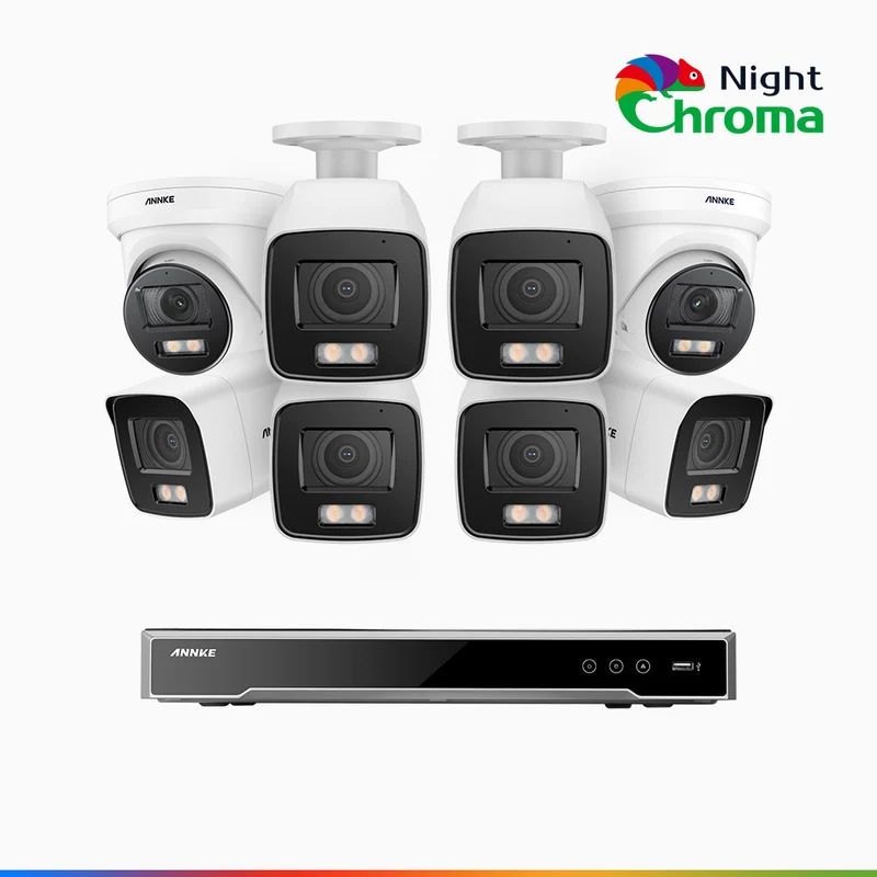 NightChroma TM NCK800 – 4K 8 Channel PoE Security System with 6 Bullet & 2 Turret Cameras, f/1.0 Super Aperture, Color Night Vision, 2CH 4K Decoding Capability, Human & Vehicle Detection, Intelligent Behavior Analysis, Built-in Mic, 124° FoV