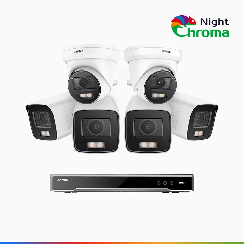 NightChroma TM NCK800 – 4K 8 Channel PoE Security System with 4 Bullet & 2 Turret Cameras, f/1.0 Super Aperture, Color Night Vision, 2CH 4K Decoding Capability, Human & Vehicle Detection, Intelligent Behavior Analysis, Built-in Mic, 124° FoV