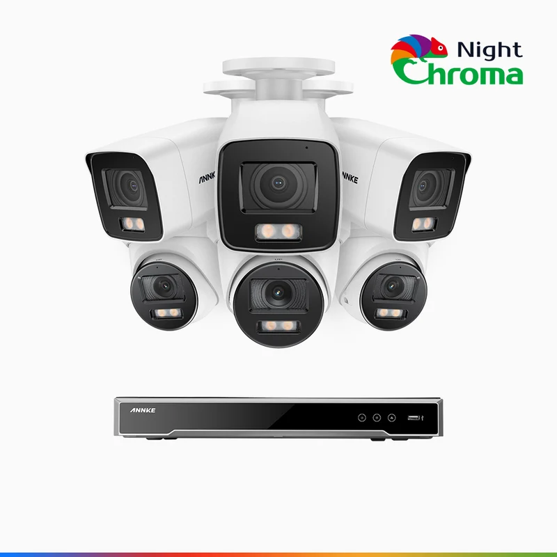 NightChroma TM NCK800 – 4K 8 Channel PoE Security System with 3 Bullet & 3 Turret Cameras, f/1.0 Super Aperture, Color Night Vision, 2CH 4K Decoding Capability, Human & Vehicle Detection, Intelligent Behavior Analysis, Built-in Mic, 124° FoV