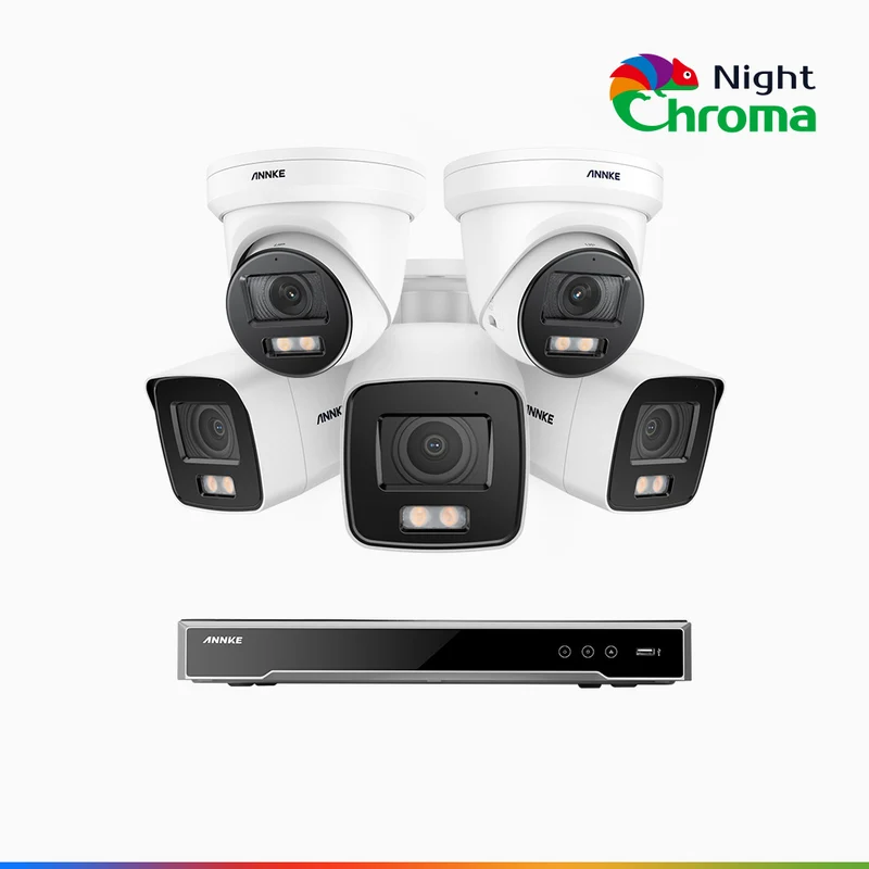 NightChroma TM NCK800 – 4K 8 Channel PoE Security System with 3 Bullet & 2 Turret Cameras, f/1.0 Super Aperture, Color Night Vision, 2CH 4K Decoding Capability, Human & Vehicle Detection, Intelligent Behavior Analysis, Built-in Mic, 124° FoV