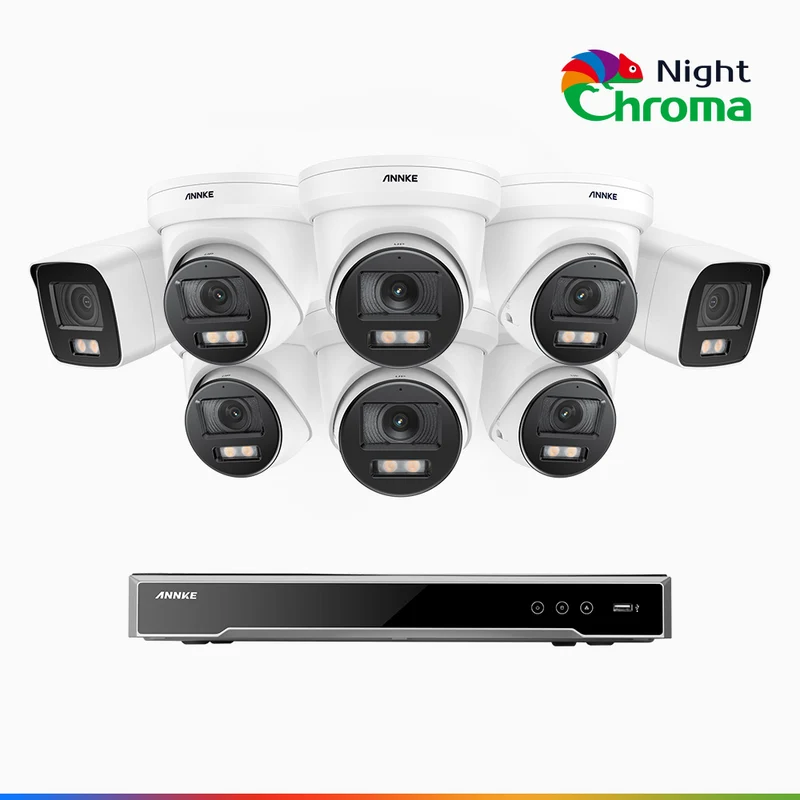 NightChroma TM NCK800 – 4K 8 Channel PoE Security System with 2 Bullet & 6 Turret Cameras, f/1.0 Super Aperture, Color Night Vision, 2CH 4K Decoding Capability, Human & Vehicle Detection, Intelligent Behavior Analysis, Built-in Mic, 124° FoV