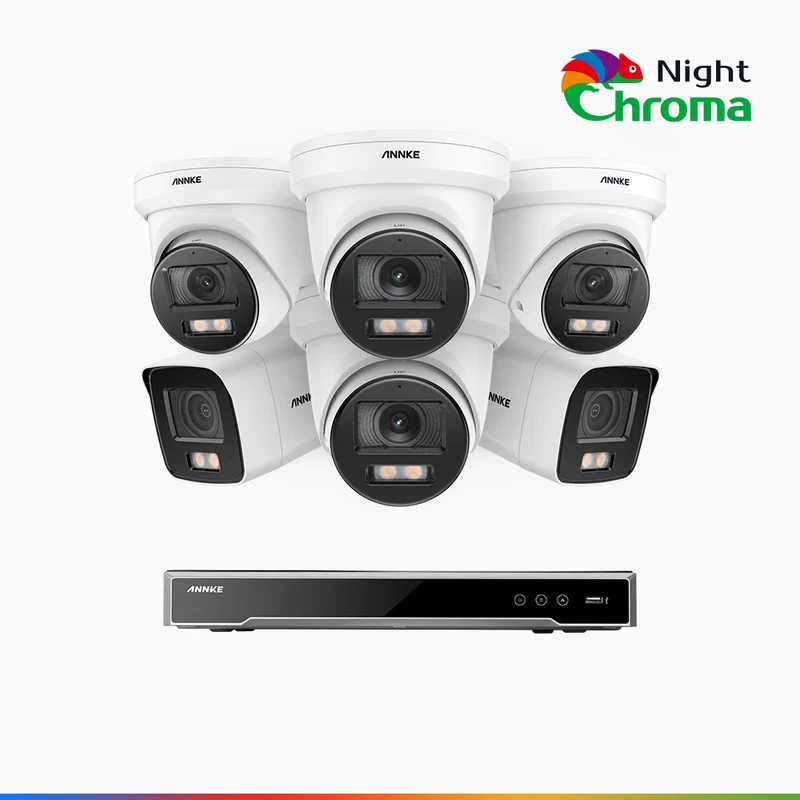NightChroma TM NCK800 – 4K 8 Channel PoE Security System with 2 Bullet & 4 Turret Cameras, f/1.0 Super Aperture, Color Night Vision, 2CH 4K Decoding Capability, Human & Vehicle Detection, Intelligent Behavior Analysis, Built-in Mic, 124° FoV