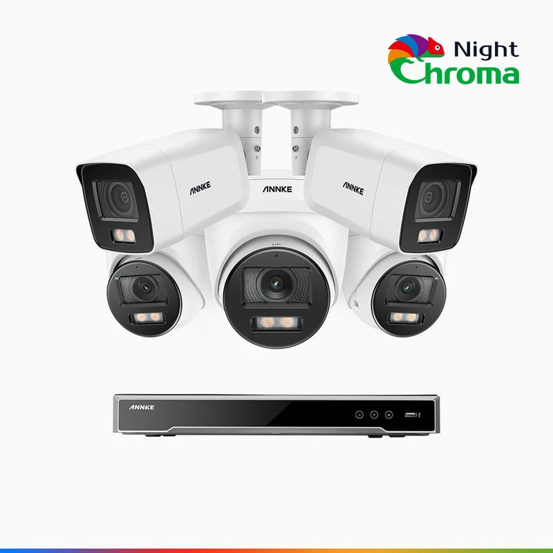 NightChroma TM NCK800 – 4K 8 Channel PoE Security System with 2 Bullet & 3 Turret Cameras, f/1.0 Super Aperture, Color Night Vision, 2CH 4K Decoding Capability, Human & Vehicle Detection, Intelligent Behavior Analysis, Built-in Mic, 124° FoV