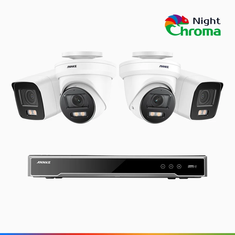 NightChroma TM NCK800 – 4K 8 Channel PoE Security System with 2 Bullet & 2 Turret Cameras, f/1.0 Super Aperture, Color Night Vision, 2CH 4K Decoding Capability, Human & Vehicle Detection, Intelligent Behavior Analysis, Built-in Mic, 124° FoV