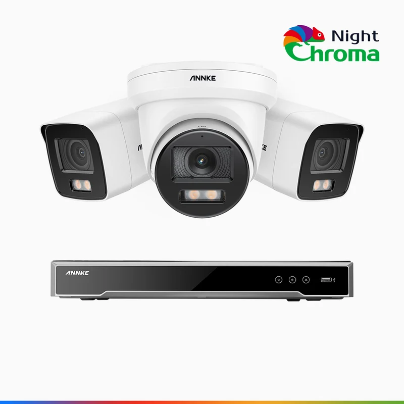 NightChroma TM NCK800 – 4K 8 Channel PoE Security System with 2 Bullet & 1 Turret Cameras, f/1.0 Super Aperture, Color Night Vision, 2CH 4K Decoding Capability, Human & Vehicle Detection, Intelligent Behavior Analysis, Built-in Mic, 124° FoV