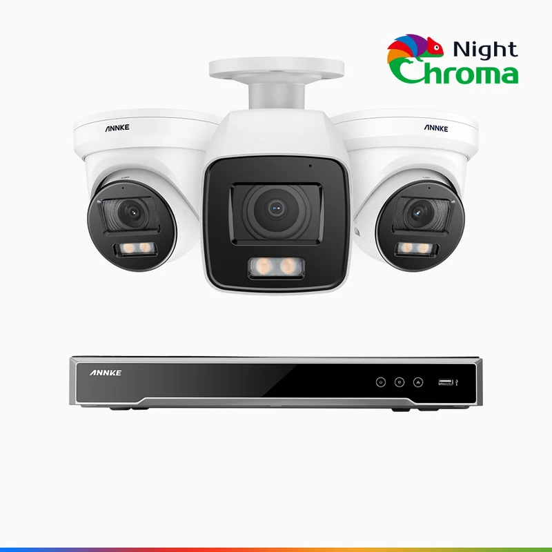 NightChroma TM NCK800 – 4K 8 Channel PoE Security System with 1 Bullet & 2 Turret Cameras, f/1.0 Super Aperture, Color Night Vision, 2CH 4K Decoding Capability, Human & Vehicle Detection, Intelligent Behavior Analysis, Built-in Mic, 124° FoV