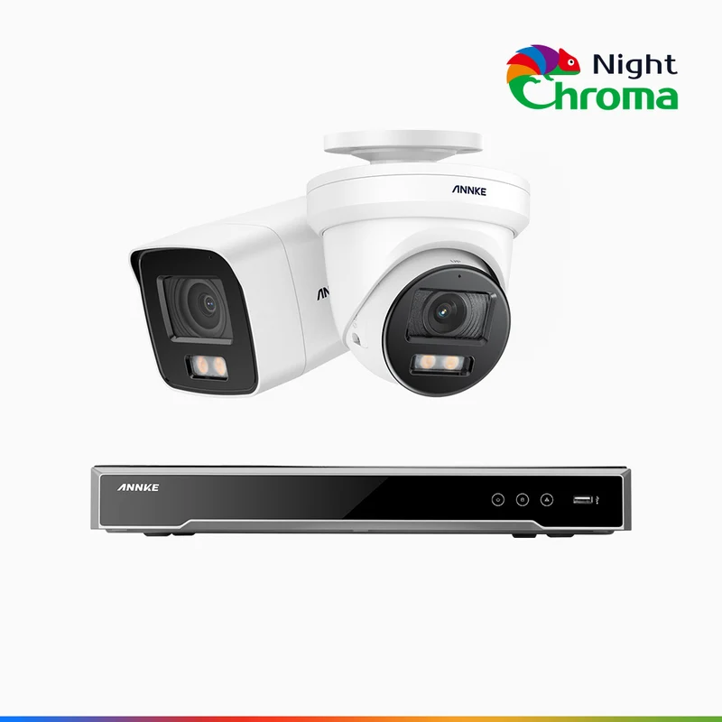 NightChroma TM NCK800 – 4K 8 Channel PoE Security System with 1 Bullet & 1 Turret Cameras, f/1.0 Super Aperture, Color Night Vision, 2CH 4K Decoding Capability, Human & Vehicle Detection, Intelligent Behavior Analysis, Built-in Mic, 124° FoV