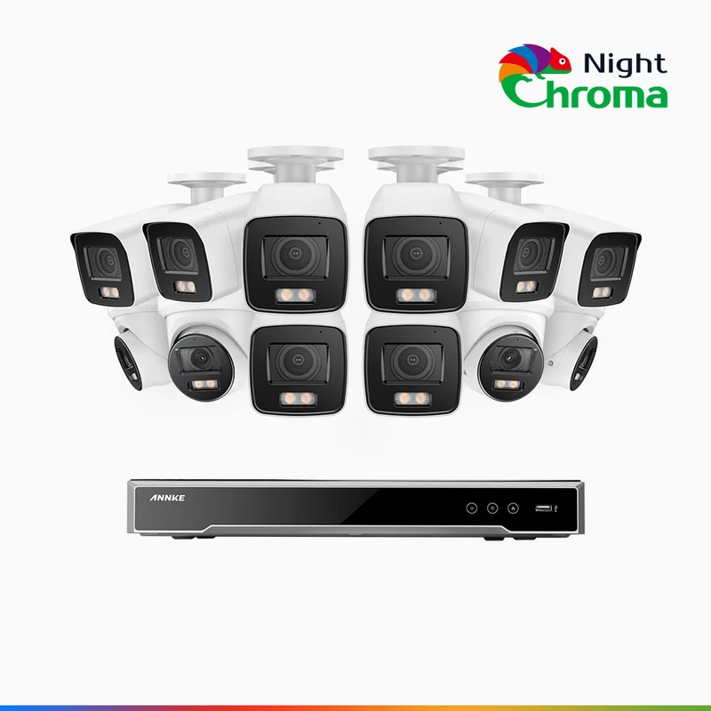 NightChroma TM NCK800 – 4K 16 Channel PoE Security System with 8 Bullet & 4 Turret Cameras, f/1.0 Super Aperture, Color Night Vision, 2CH 4K Decoding Capability, Human & Vehicle Detection, Intelligent Behavior Analysis, Built-in Mic, 124° FoV