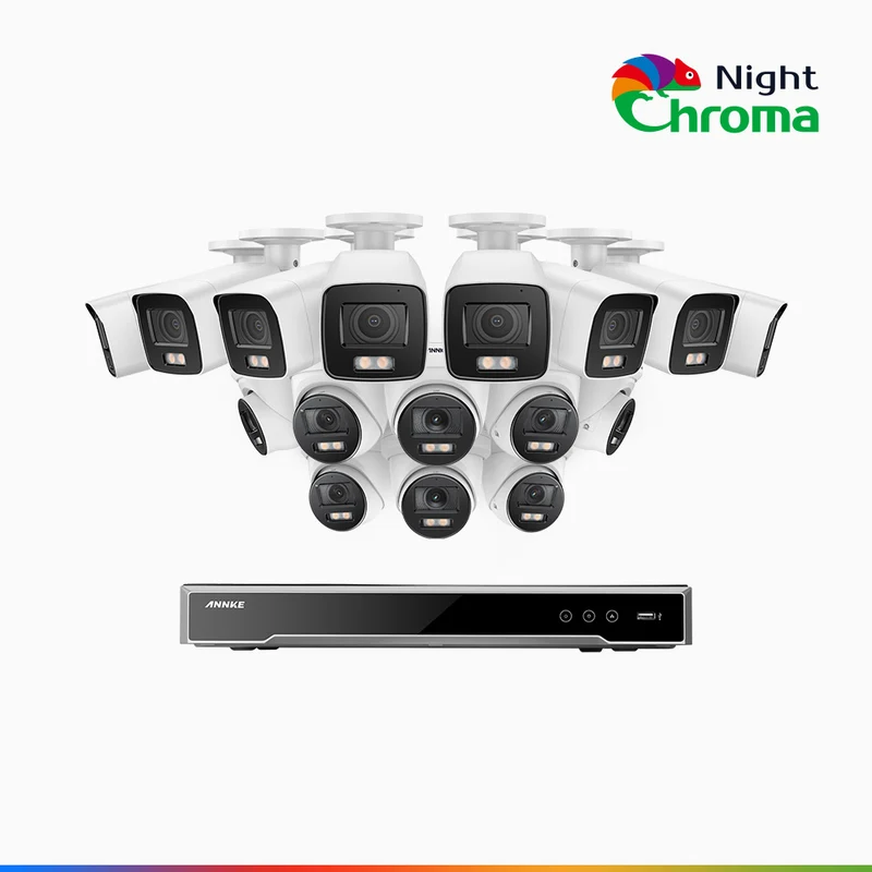 NightChroma TM NCK800 – 4K 16 Channel PoE Security System with 8 Bullet & 8 Turret Cameras, f/1.0 Super Aperture, Color Night Vision, 2CH 4K Decoding Capability, Human & Vehicle Detection, Intelligent Behavior Analysis, Built-in Mic, 124° FoV