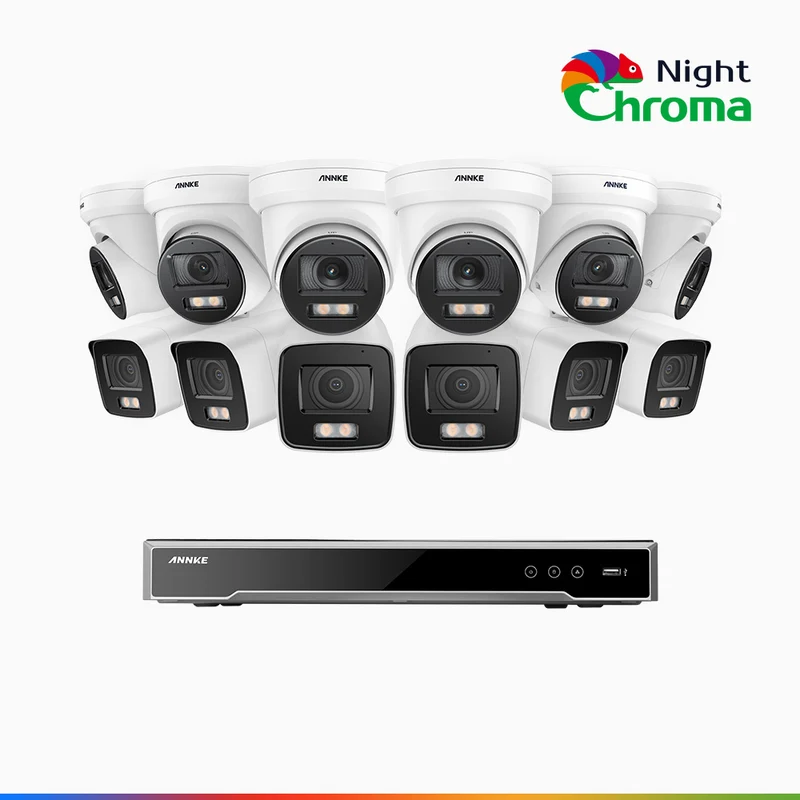 NightChroma TM NCK800 – 4K 16 Channel PoE Security System with 6 Bullet & 6 Turret Cameras, f/1.0 Super Aperture, Color Night Vision, 2CH 4K Decoding Capability, Human & Vehicle Detection, Intelligent Behavior Analysis, Built-in Mic, 124° FoV