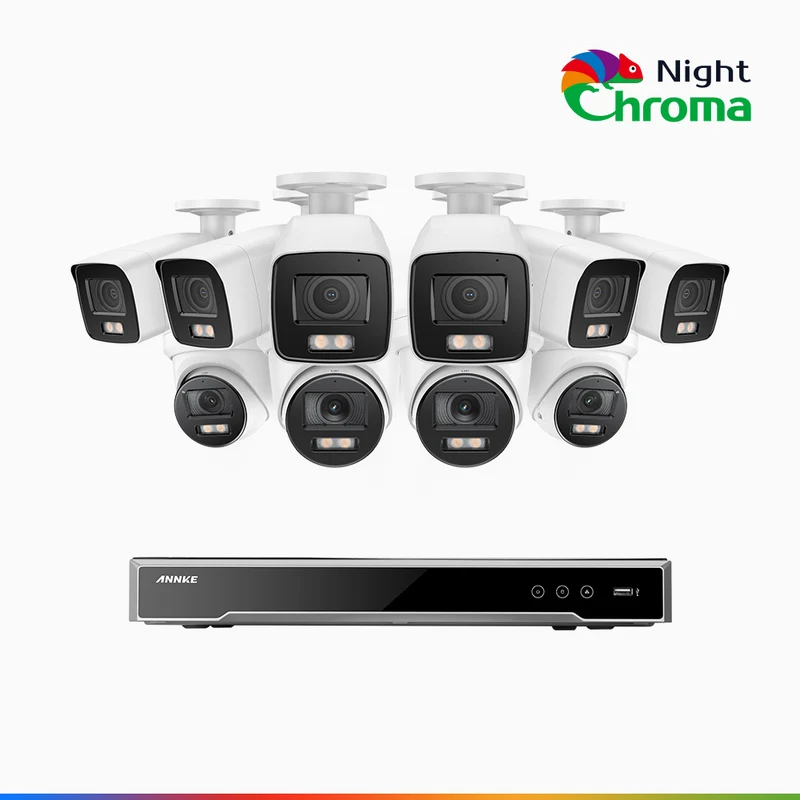 NightChroma TM NCK800 – 4K 16 Channel PoE Security System with 6 Bullet & 4 Turret Cameras, f/1.0 Super Aperture, Color Night Vision, 2CH 4K Decoding Capability, Human & Vehicle Detection, Intelligent Behavior Analysis, Built-in Mic, 124° FoV