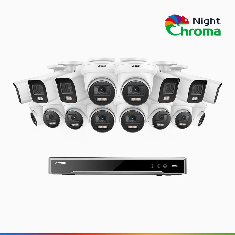NightChroma TM NCK800 – 4K 16 Channel PoE Security System with 6 Bullet & 10 Turret Cameras, f/1.0 Super Aperture, Color Night Vision, 2CH 4K Decoding Capability, Human & Vehicle Detection, Intelligent Behavior Analysis, Built-in Mic, 124° FoV