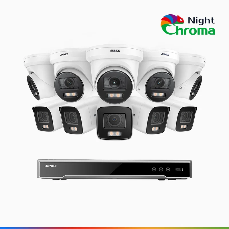 NightChroma TM NCK800 – 4K 16 Channel PoE Security System with 5 Bullet & 5 Turret Cameras, f/1.0 Super Aperture, Acme Color Night Vision, 2CH 4K Decoding Capability, Human & Vehicle Detection, Intelligent Behavior Analysis, Built-in Mic