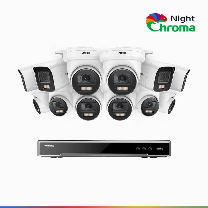 NightChroma TM NCK800 – 4K 16 Channel PoE Security System with 4 Bullet & 8 Turret Cameras, f/1.0 Super Aperture, Color Night Vision, 2CH 4K Decoding Capability, Human & Vehicle Detection, Intelligent Behavior Analysis, Built-in Mic, 124° FoV