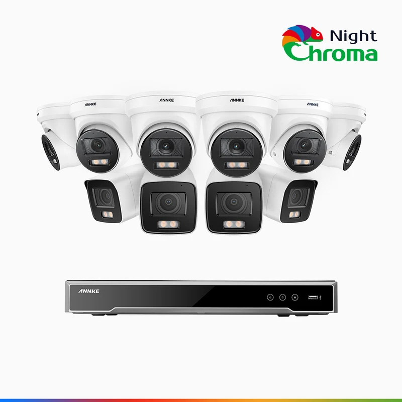 NightChroma TM NCK800 – 4K 16 Channel PoE Security System with 4 Bullet & 6 Turret Cameras, f/1.0 Super Aperture, Color Night Vision, 2CH 4K Decoding Capability, Human & Vehicle Detection, Intelligent Behavior Analysis, Built-in Mic, 124° FoV