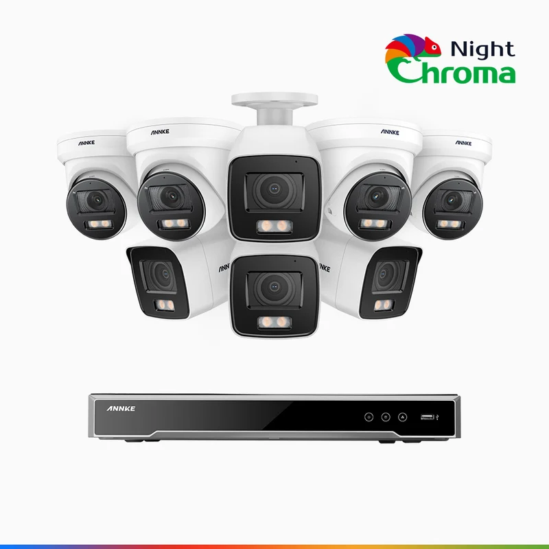 NightChroma TM NCK800 – 4K 16 Channel PoE Security System with 4 Bullet & 4 Turret Cameras, f/1.0 Super Aperture, Color Night Vision, 2CH 4K Decoding Capability, Human & Vehicle Detection, Intelligent Behavior Analysis, Built-in Mic, 124° FoV