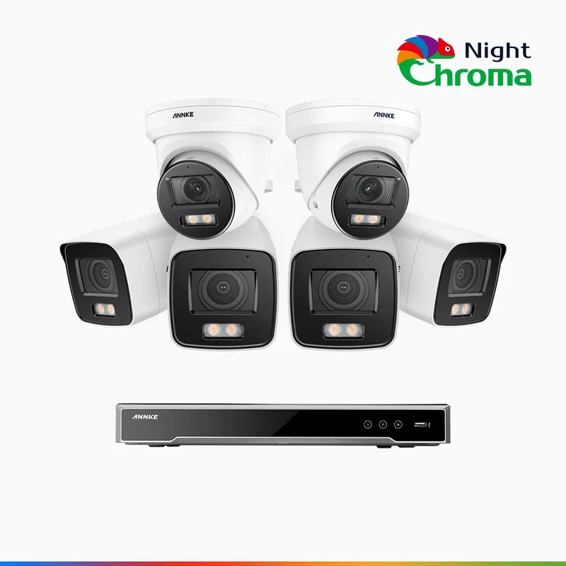 NightChroma TM NCK800 – 4K 16 Channel PoE Security System with 4 Bullet & 2 Turret Cameras, f/1.0 Super Aperture, Color Night Vision, 2CH 4K Decoding Capability, Human & Vehicle Detection, Intelligent Behavior Analysis, Built-in Mic, 124° FoV