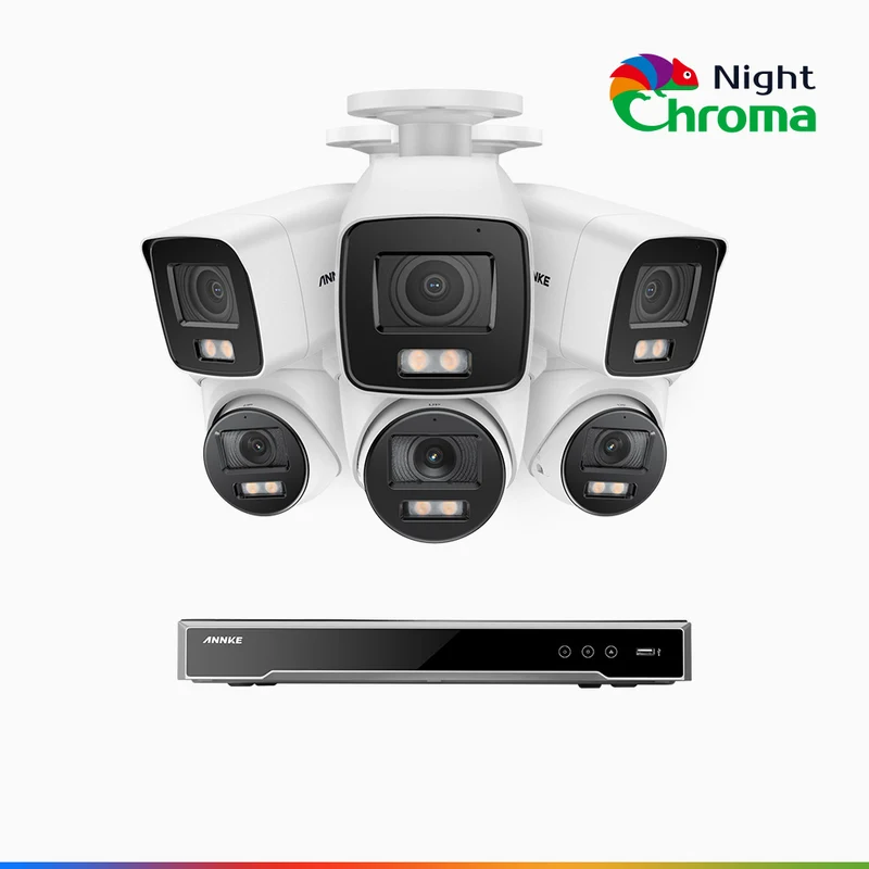 NightChroma TM NCK800 – 4K 16 Channel PoE Security System with 3 Bullet & 3 Turret Cameras, f/1.0 Super Aperture, Color Night Vision, 2CH 4K Decoding Capability, Human & Vehicle Detection, Intelligent Behavior Analysis, Built-in Mic, 124° FoV