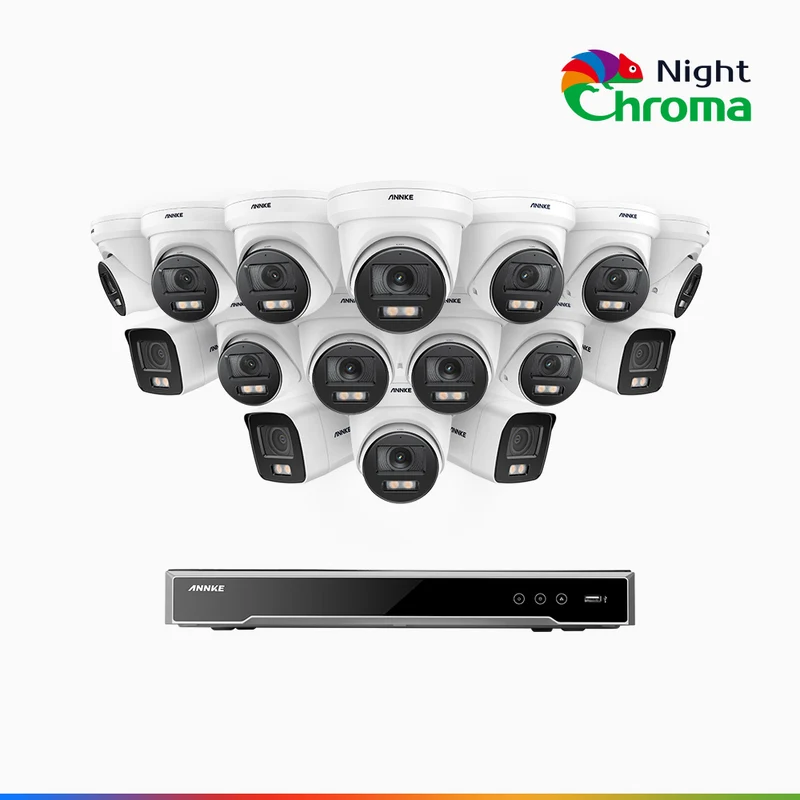 NightChroma TM NCK800 – 4K 16 Channel PoE Security System with 4 Bullet & 12 Turret Cameras, f/1.0 Super Aperture, Color Night Vision, 2CH 4K Decoding Capability, Human & Vehicle Detection, Intelligent Behavior Analysis, Built-in Mic, 124° FoV