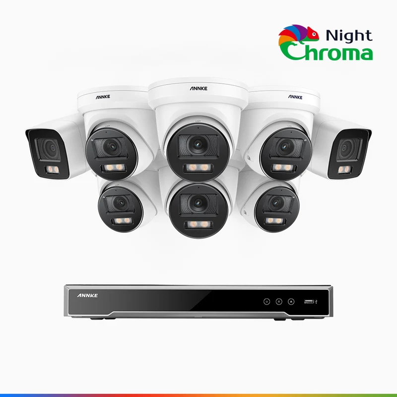 NightChroma TM NCK800 – 4K 16 Channel PoE Security System with 2 Bullet & 6 Turret Cameras, f/1.0 Super Aperture, Color Night Vision, 2CH 4K Decoding Capability, Human & Vehicle Detection, Intelligent Behavior Analysis, Built-in Mic, 124° FoV